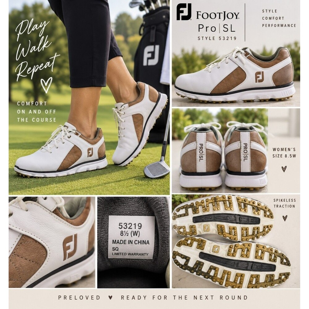 FootJoy Pro SL Women’s Golf Shoes 8.5W White Brown Spikeless Style 53219